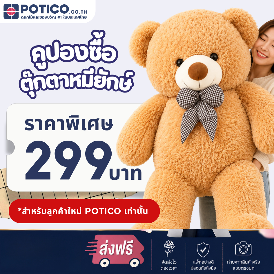 คูปอง ตุ๊กตาหมียักษ์ 40 นิ้ว 299 บาท สำหรับลูกค้าใหม่ Potico ของขวัญน่ารัก ส่งฟรีทั่วประเทศ คูปองตุ๊กตาหมี 299 บาท