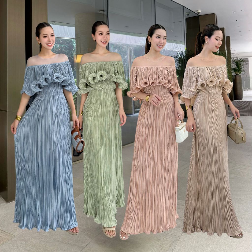 NOOZZSHOP 6411517 เดรสยาวผ้าพลีท ดีเทลงานคลื่นฟูๆ ชุดไปงาน