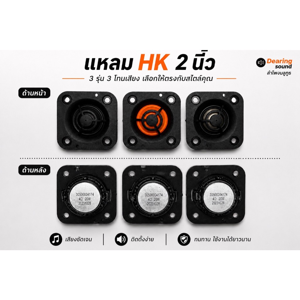 แหลม 2 นิ้ว HK(ของแท้100%) 4 โอห์ม 20 วัตต์ (มีตะแกรง)  เสียงแหลมชัดเจน ใสใสซิบซิบ เป็นที่นิยม  (พร้