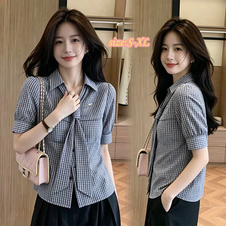 w734เสื้อเชิ้ตสตรีลายทางสีน้ำเงิน คอปก ผูกโบว์ มีสินค้าพร้อมส่งในประเทศไทย เหมาะใส่ฤดูร้อน มีไซซ์ใหญ่ สไตล์หวานน่ารัก