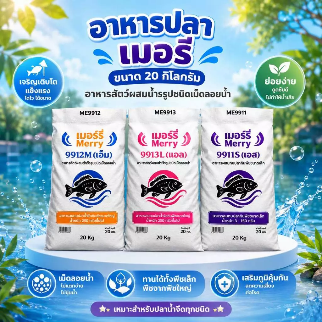 อาหารปลากินพืช เมอร์รี่ ชนิดเม็ดลอยน้ำ ขนาด 20กิโลกรัม