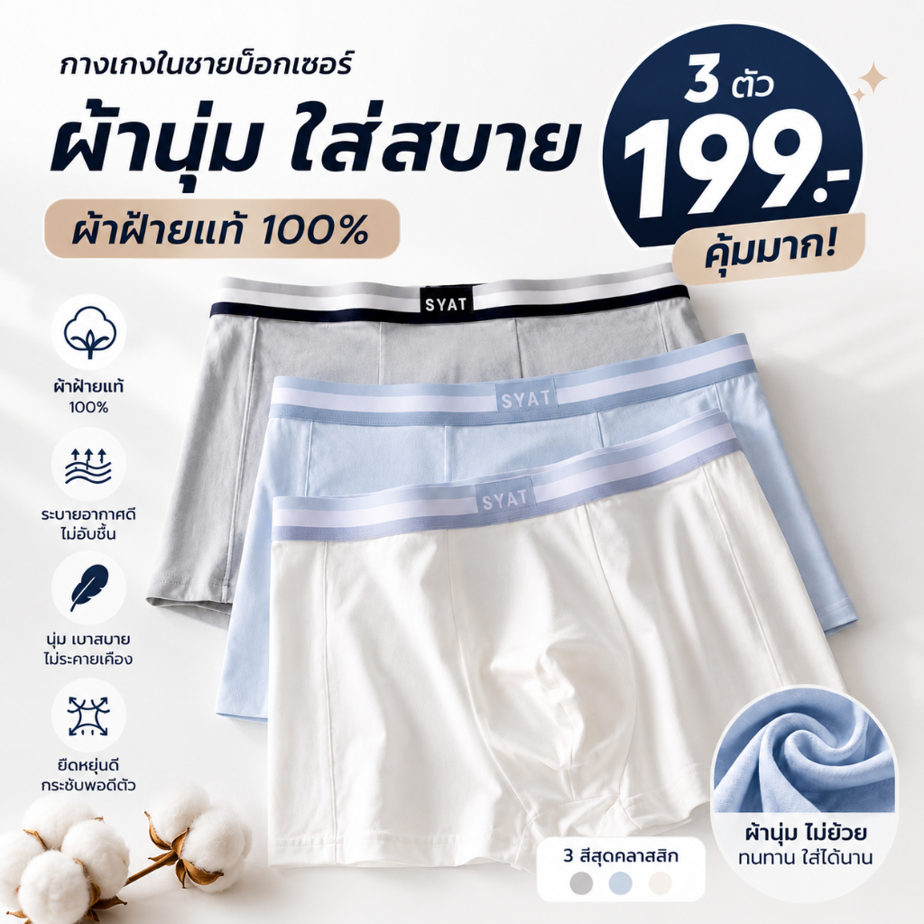 กางเกงในผู้ชาย บ็อกเซอร์ชาย ผ้าฝ้ายแท้100% ผ้านุ่มใส่สบาย ระบายอากาศดี ไม่ย้วย ไม่ระคายเคือง(เซ็ต 3 ตัว คุ้มมาก)