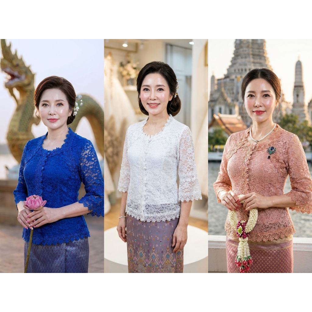 เสื้อลูกไม้ออกงานคอเหลี่ยมกระดุมหน้า