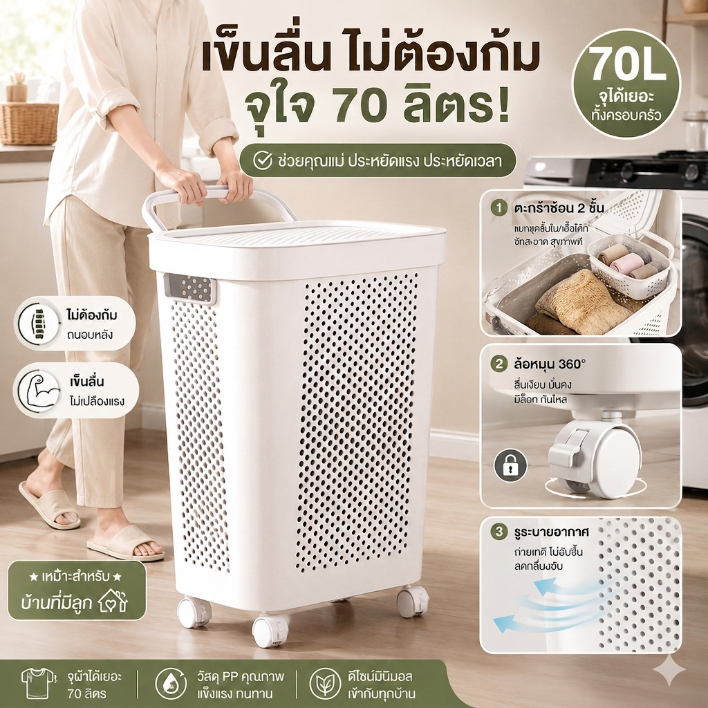 [NEW]⭐ตระกร้าผ้า ตะกร้าใส่ผ้า ตะกร้าจัดเก็บเสื้อผ้า ขนาดใหญ่ 45/60L มีฝาปิด สีขาว สีเทา กันน้ำ ข้น