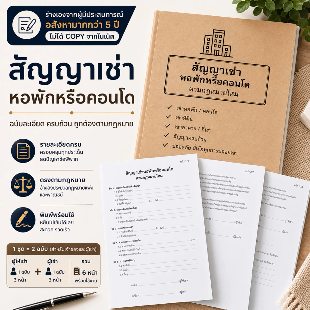 หนังสือสัญญาเช่าคอนโด สัญญาหอพัก ไทย-eng ร่างโดยผู้มีประสบการณ์อสังหา เนื้อหาครบถ้วนตรงตามกฏหมาย จัดส่งพร้อมพิมพ์2ชุด