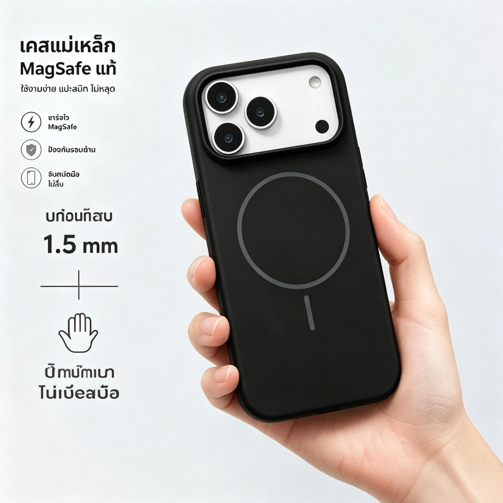 เคสดำสไตล์มินิมอล lPhone 16/17 Series ผิวแมตต์กันเหงื่อมือ ขาตั้งเลนส์ กันกระแทก