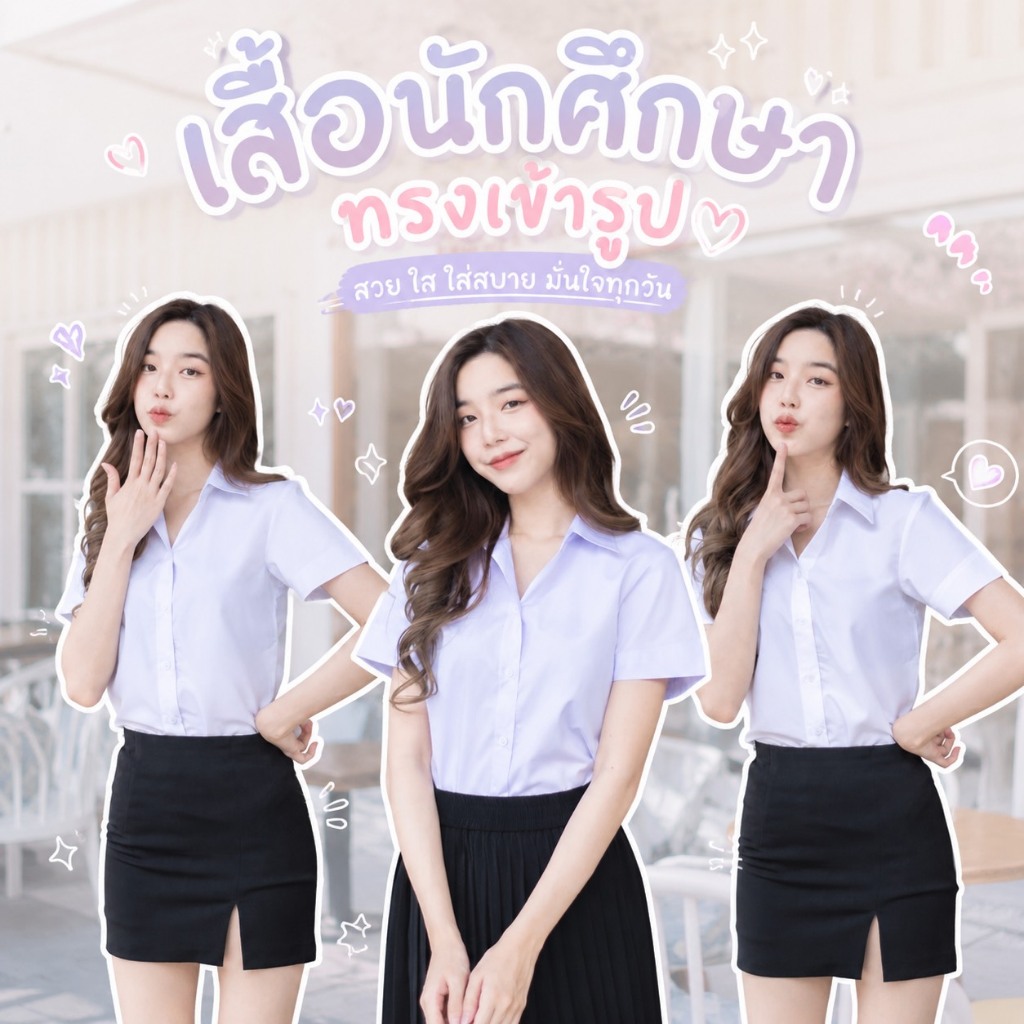 เสื้อนักศึกษาหญิง ทรงเข้ารูป สีขาวนวล|ขาวสว่าง|ขาวโอโม่ [รอบอก 32-56]