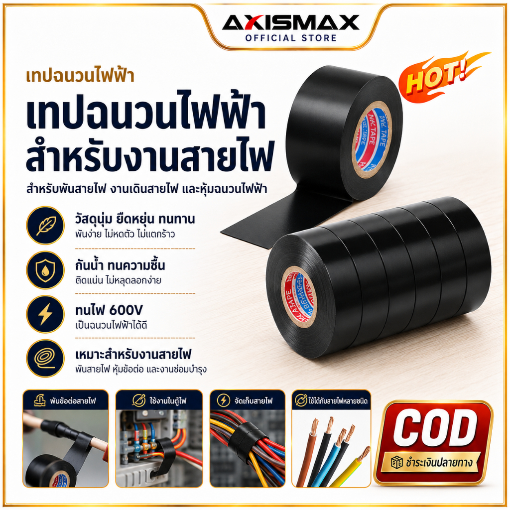COD เทปฉนวนสีดำ 16mm x 3m เทปพันสายไฟ เนื้อกาวไม่เยิ้ม ทนความร้อน ใช้พันจุดต่อไฟฟ้า ห้องเครื่อง รถยนต์