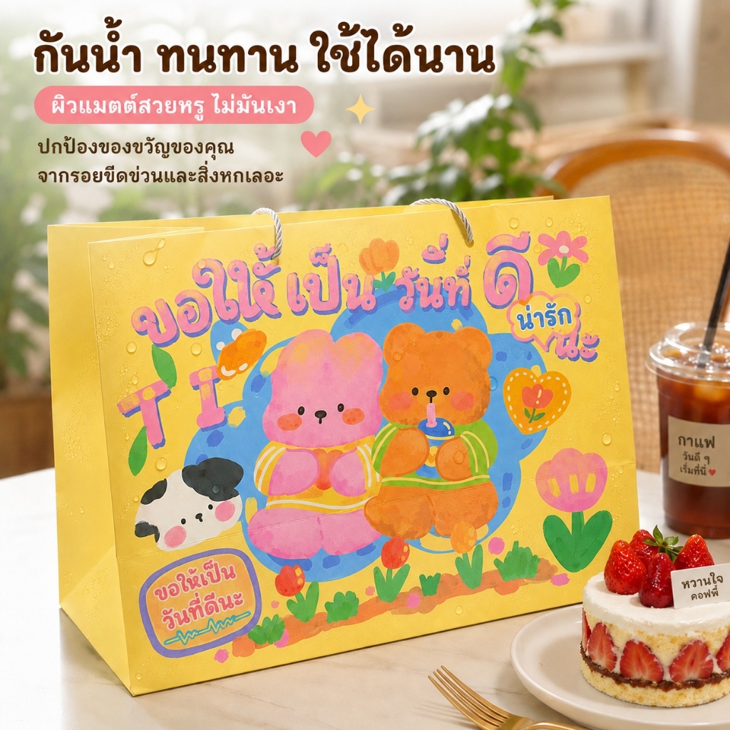 ถุงกระดาษของขวัญโดพามีน ลายหมี กระต่ายน่ารัก 4ขนาด สไตล์เกาหลี กระดาษหนา หูหิ้วเชือก ใส่ขนม วันเกิด ปาร์ตี้เด็ก
