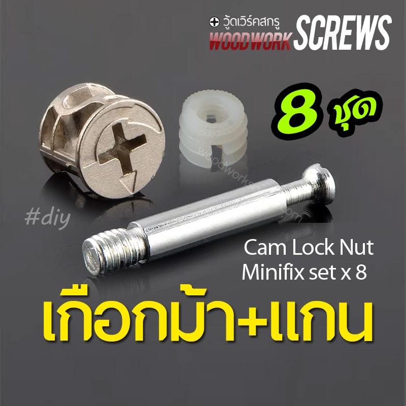 ชุดมินิฟิกซ์ 3-in-1 (เกือกม้า + แกน + พุกพลาสติก) แพ็ค 8 ชุด สำหรับงานซ่อมสร้างเฟอร์นิเจอร์