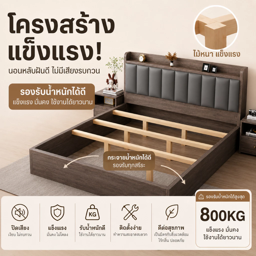 WHF เตียงไม้ ดีไซน์นอร์ดิกมินิมอล ขนาด 4ฟุต/5ฟุต/6ฟุต thumbnail 8