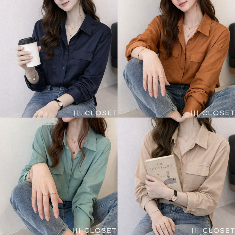 เสื้อเชิ้ต lll Freesize lll PR002 คอปก แขนยาว กระดุมหน้า มีกระเป๋าคู่ ใช้งานได้จริง เนื้อผ้าปารีสอย่างดี