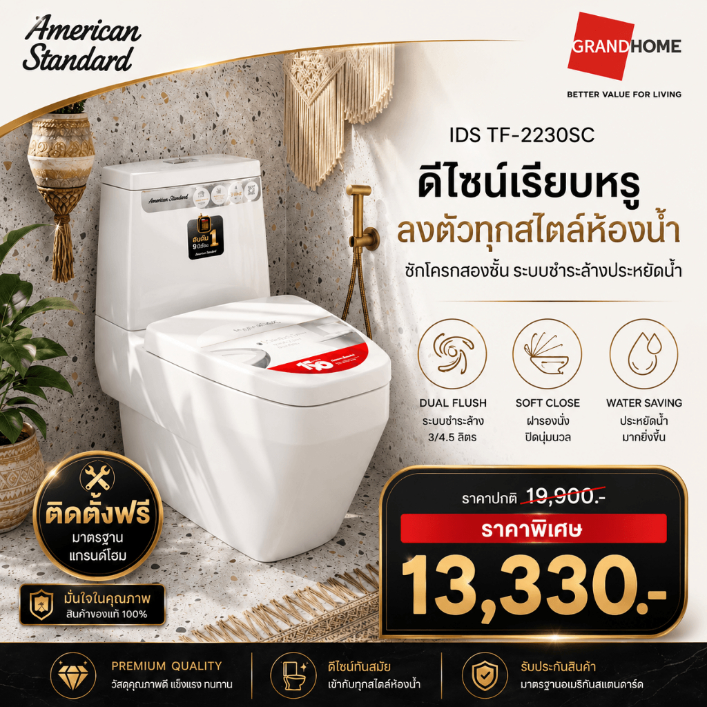 💥พร้อมส่ง..ติดตั้งฟรี💥 AMERICAN STANDARD ชักโครก สองชิ้น IDS TF-2230SC (ท่อลงพื้น) | สุขภัณฑ์ ระบบชำระล้าง Dual Flush