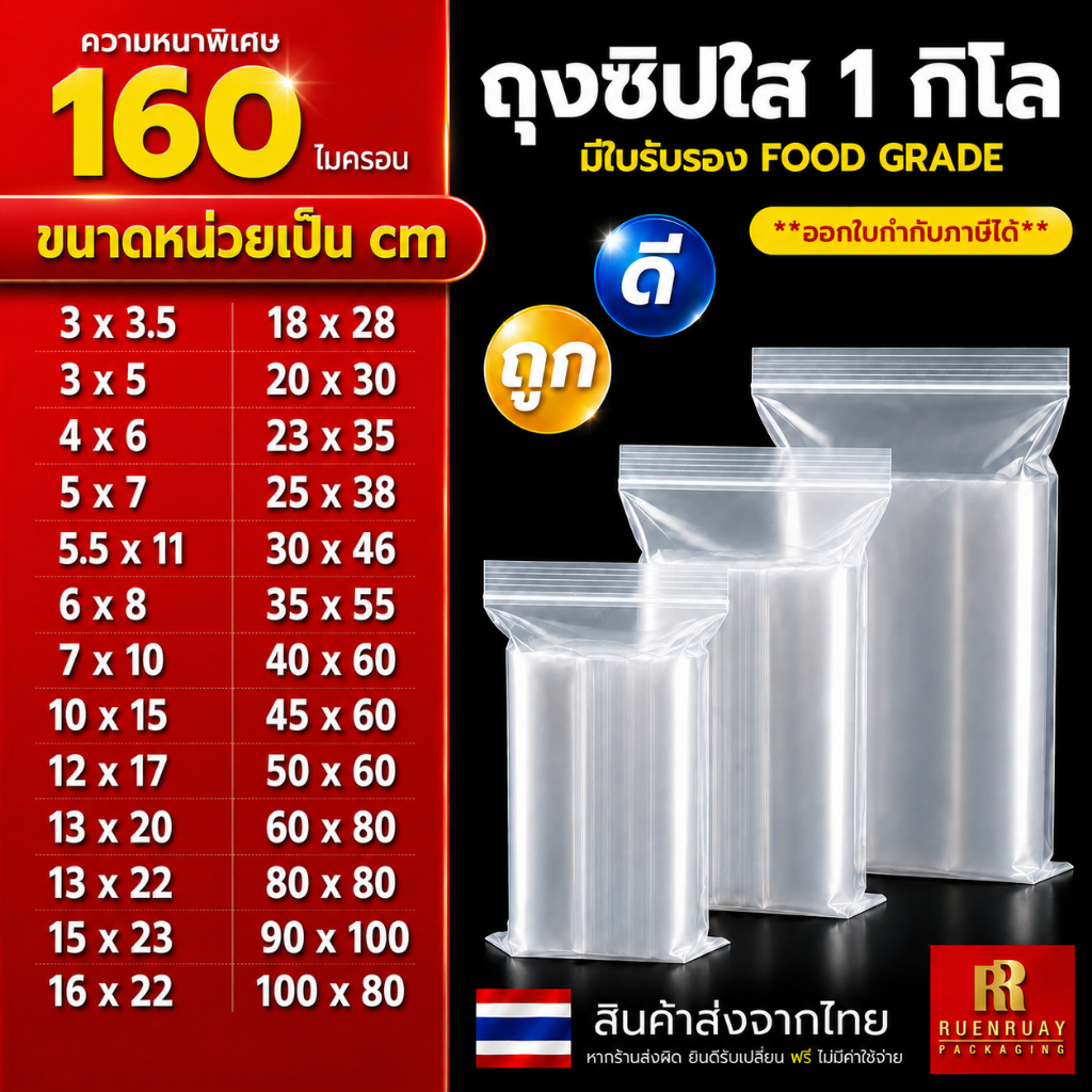 ถุงซิปใส เนื้อหนาพิเศษ (แพ็ค 1 กิโล) เหนียว ทน ซิปแน่น ใส่น้ำได้ไม่รั่ว มีครบไซส์