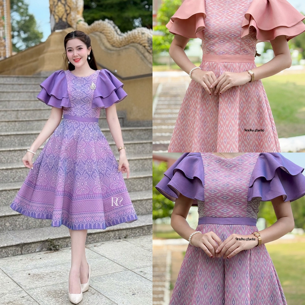(แถมพินดอกไม้สีขาว)เดรสผ้าฝ้ายทอลายสร้อยดอกหญ้าสีชมพูผสมม่วงและสีโอรส แขนระบาย กระโปรงทรงย้วย (RC0076)