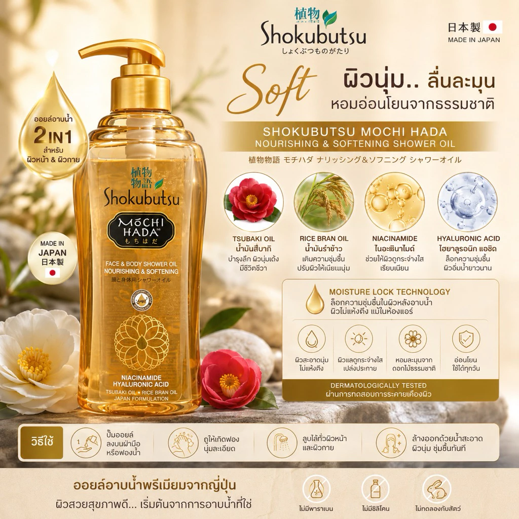 Shokubutsu Mochi Hada’sJapanese Moisture Body And Shower Oil 525ml ออยอาบน้ำ โชกุบุสซึ exp.2025
