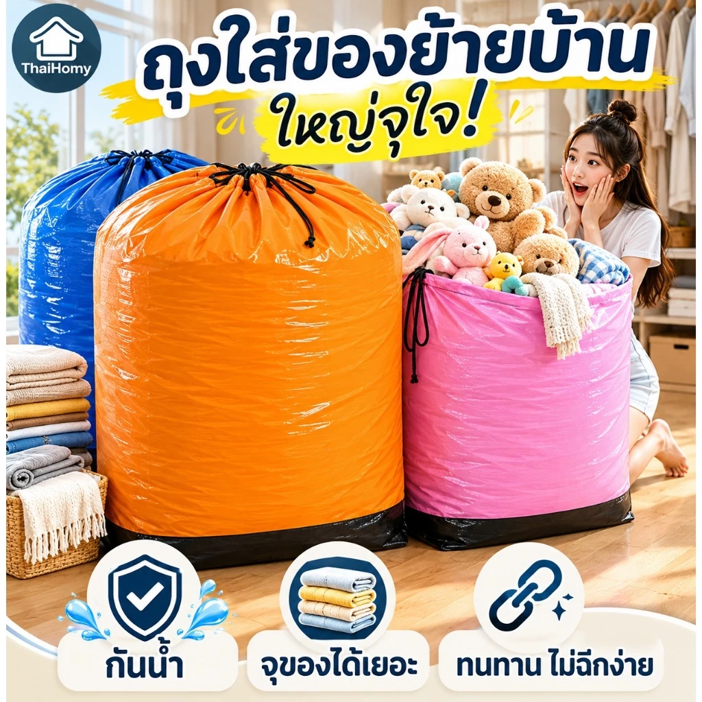 กระเป๋าย้ายบ้าน กระเป๋าผ้านวม ถุงยักษ์ จัมโบ้ BIG BAG ถุงกระสอบ กระสอบขนาดใหญ่ใส่เสื้อผ้าใส่ผ้าห่มผ้านวม แบบเชือกรูดปิด