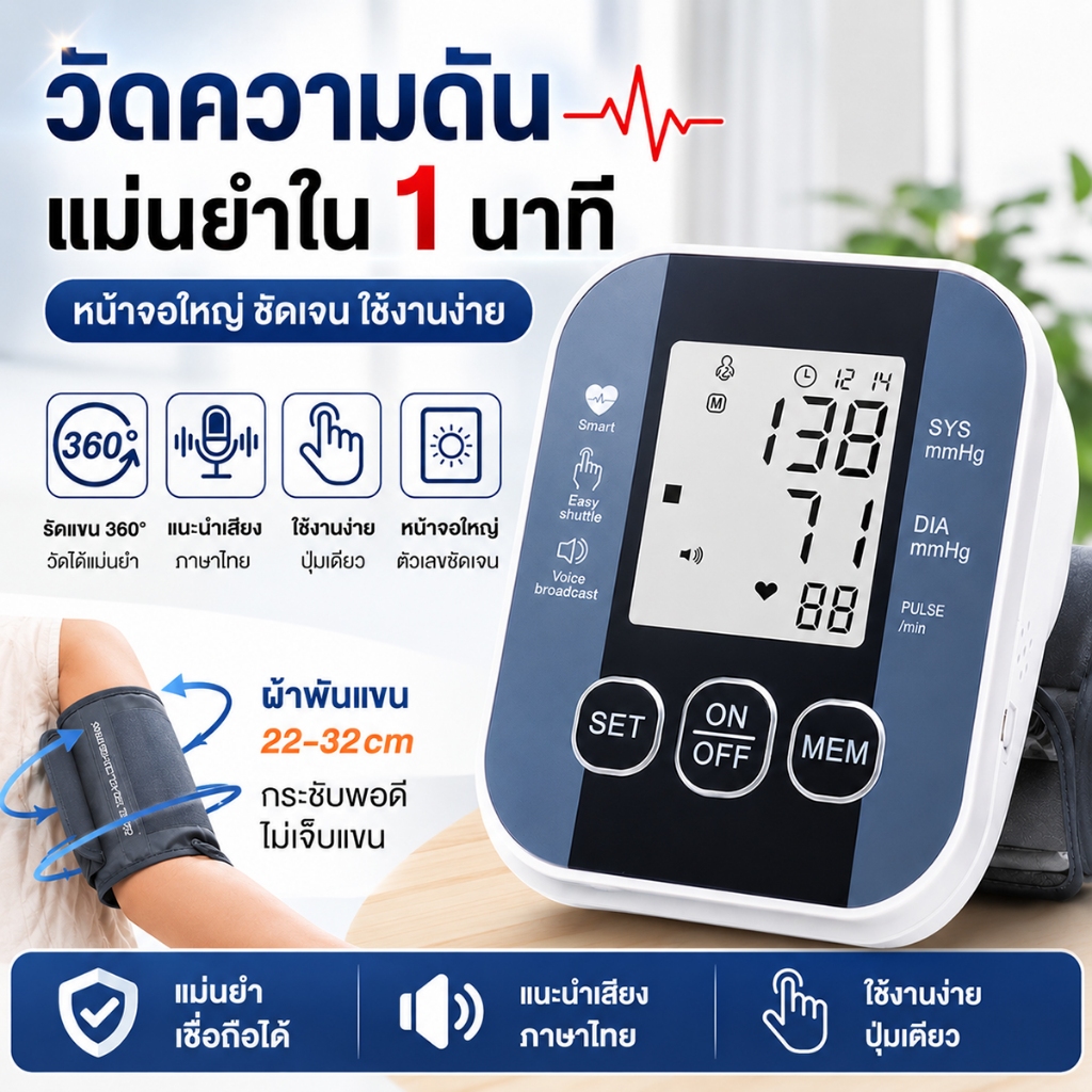 เครื่องวัดความดันโลหิตดิจิตอล เสียงภาษาไทย วัดความดันแม่นยำ ใช้งานง่าย หน้าจอ LCD สำหรับผู้สูงอายุ