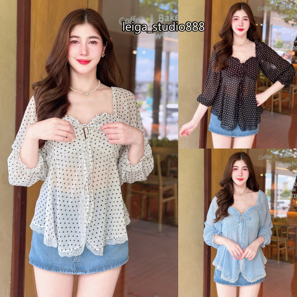 เสื้อแฟชั่น ผ้าซีฟอง (Polka Dot) สไตล์เวียดนาม แขนยาวติดโบว์ ทรงยาวชายพริ้ว แต่งลูกไม้ ระบายอก หลังสม็อค ใส่สบาย ใส่แมท
