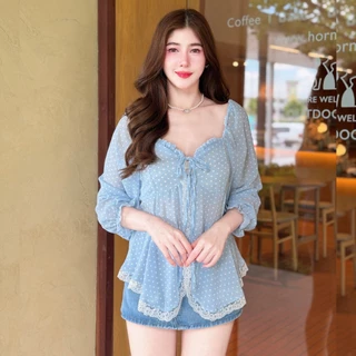 เสื้อแฟชั่น ผ้าซีฟอง (Polka Dot) สไตล์เวียดนาม แขนยาวติดโบว์ ทรงยาวชายพริ้ว แต่งลูกไม้ ระบายอก หลังสม็อค ใส่สบาย ใส่แมท