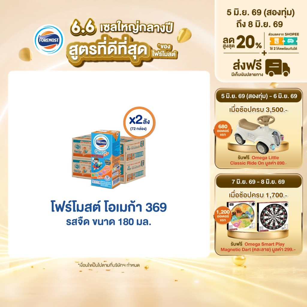 [ขายยกลังx2] โฟร์โมสต์ โอเมก้า 369 รสจืด 180มล (36กล่อง/ลัง) Foremost Omega 369 Plain 180ml (นมกล่องUHT)