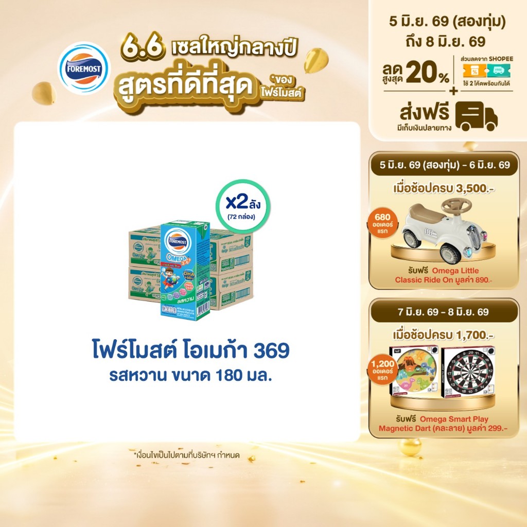 [ขายยกลังx2] โฟร์โมสต์ โอเมก้า 369 รสหวาน180มล (36กล่อง/ลัง) Foremost Omega 369 Sweetened 180ml (นมกล่องUHT)