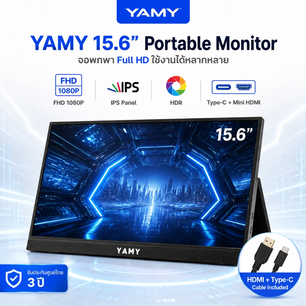 YAMY Portable Monitor 15.6 นิ้ว จอพกพา FHD 1080P IPS HDR จอเสริมโน๊ตบุ๊ค Type-C Mini HDMI สำหรับ Laptop Switch PS Xbox