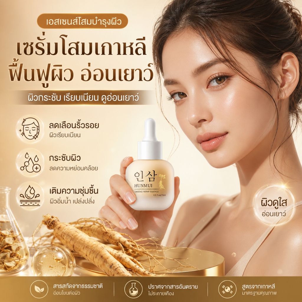 인삼 เซรั่มรากโสม มุนอา เซรั่ม รอยสิว ฝ้า กระ หมองคล้ำ เซรั่มมุนอา ผิวติดสาร สิวอุดตัน รูขุมขนเบียด เซรั่มโสม