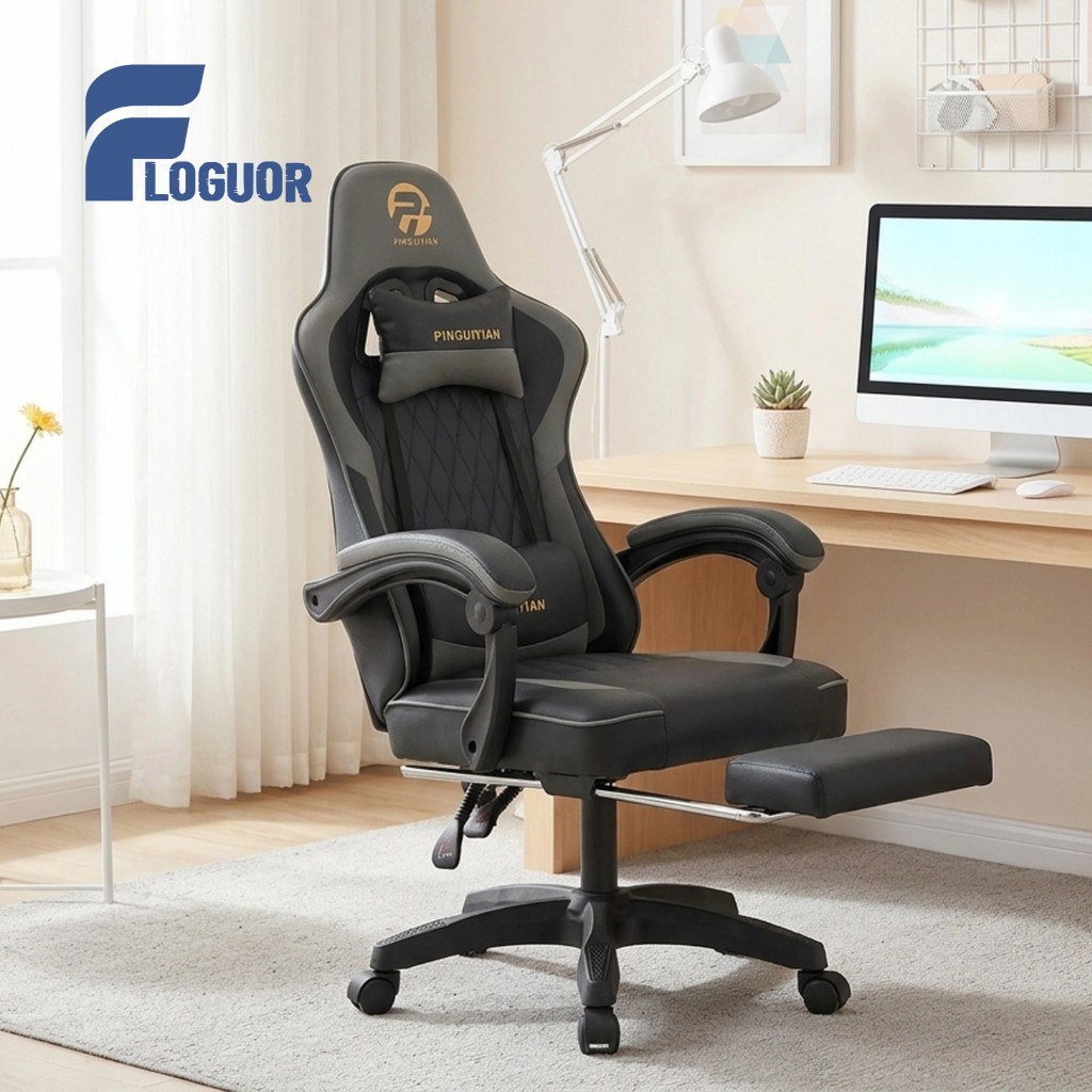 FLOGUOR DJY-PC6008 เก้าอี้เกมมิ่งและออฟฟิศ ปรับเอน 135° สีเทา PU สีเทา