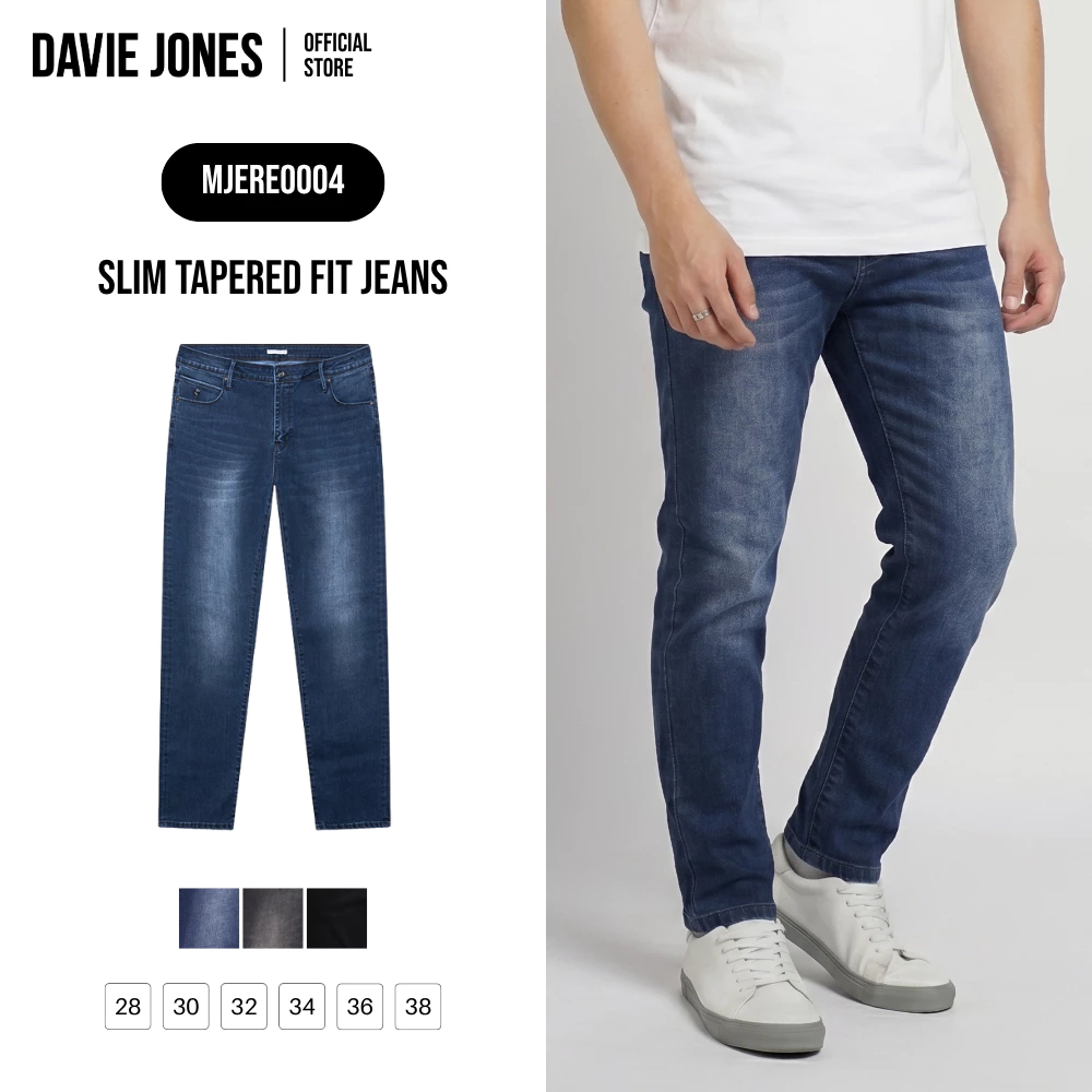 DAVIE JONES [BE FEARLESS] กางเกงยีนส์ผู้ชาย Slim Tapered Fit Jeans สีกรม ดำฟอก ดำ RE0004