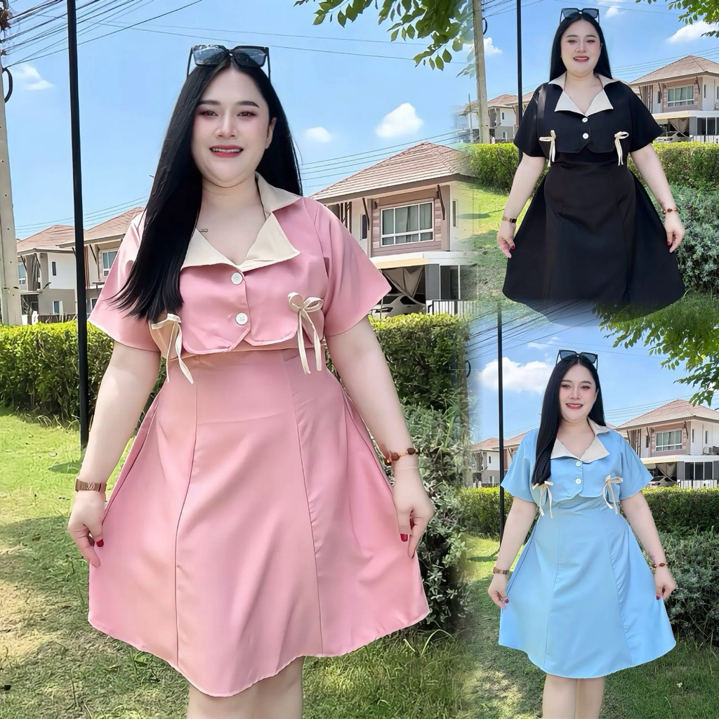 S225เดรสคอปกทูโทน กระดุมด้านหน้าถอดได้ มีโบว์ผูกเอว ยางสม็อกด้านหลัง ผ้าบาร์บี้ ไซส์ L XL 2XL อก40-60นิ้ว ใส่ออกงานได้