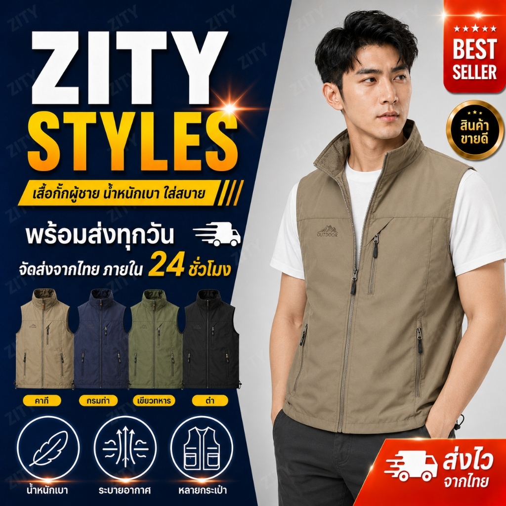 ZITY เสื้อกั๊กผู้ชาย กันน้ำ ระบายอากาศ แห้งไว เสื้อกั๊กกลางแจ้ง ใส่เดินป่า ตกปลา มีกระเป๋า