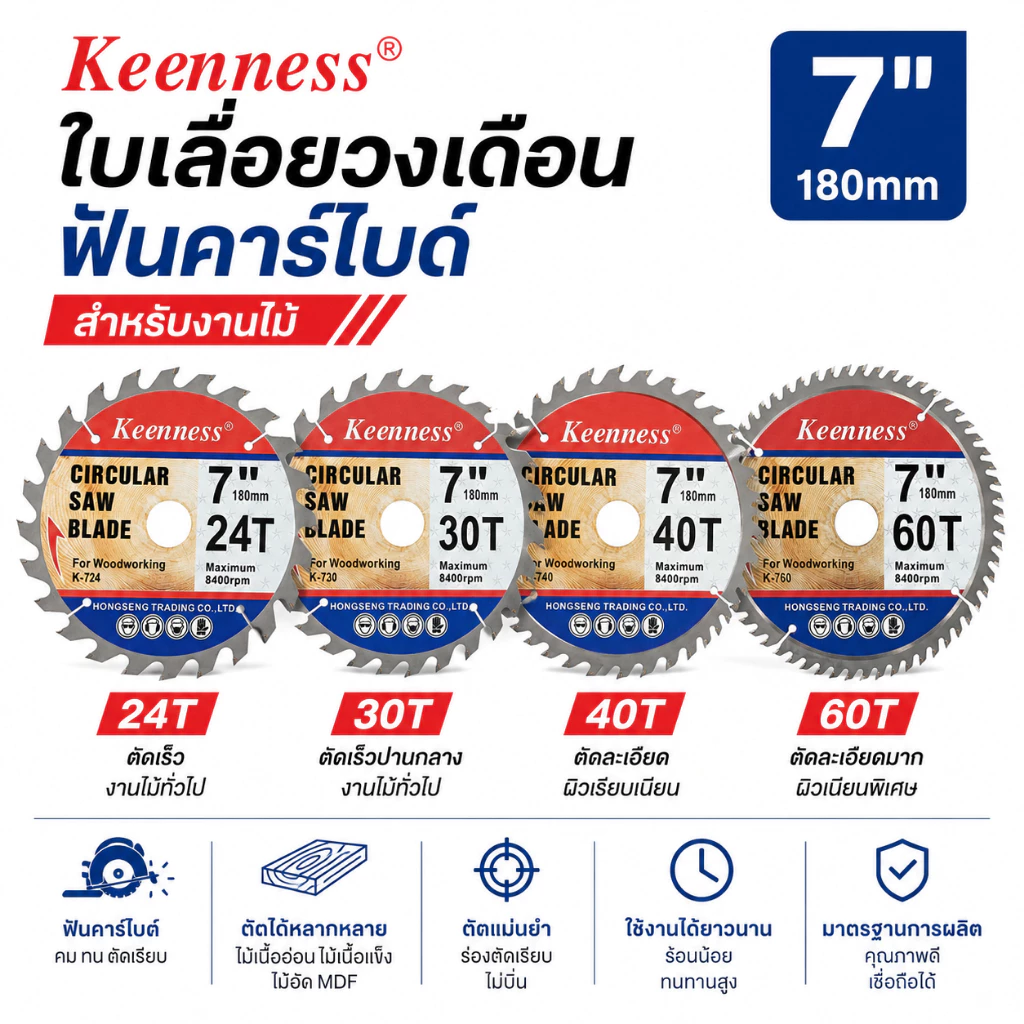 Keenness ใบเลื่อยวงเดือน 7 นิ้ว ฟันคาร์ไบด์แท้ ตัดไม้เรียบ คม ทนทาน เลื่อยวงเดือน 24/30/40/60 ฟัน ใบเลื่อยตัดไม้