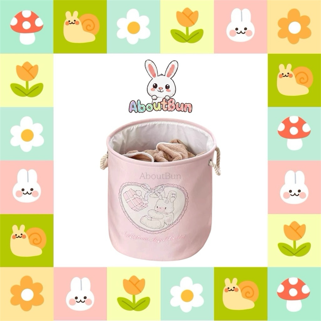 🚀 [ส่งทันที] 💓🐰 Aboutbun ตะกร้าผ้าแคนวาส ตะกร้าเก็บของ ลายกระต่ายน้อย สีชมพูพาสเทล หูจับเชือกถัก