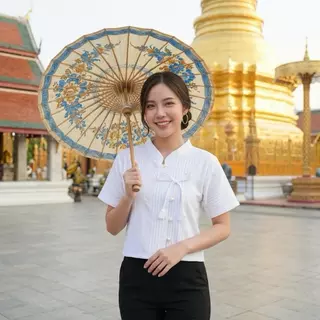 เสื้อผ้าฝ้ายด๊อบบี้ ผูกโบว์ดอกทิวลิป เนื้อนุ่มใส่สบาย ตัวผ้าทอลายนูนมีเอกลักษณ์