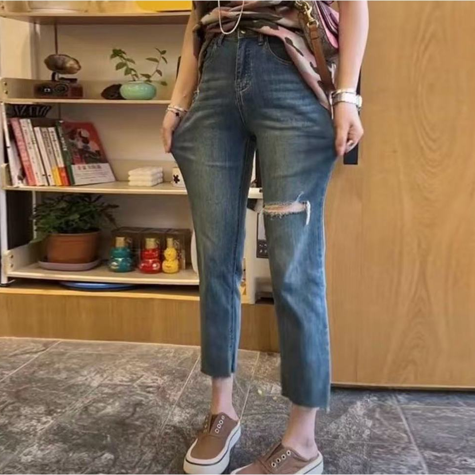 LUMOS   กางเกงขายาว👖 ขากระบอกเล็ก ผ้ายืด วินเทจ  กางเกงยีนส์   ทรงบอย#V20
