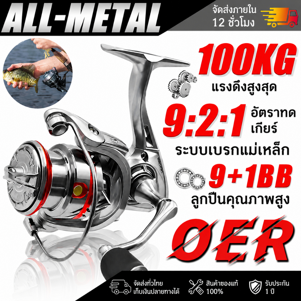 รอกตกปลา รอกสปินนิ่ง Gear Ratio 9.2:1 MAX DRAG 100KG รอกสปินถูกๆ คาร์บอนล่อหล่อซ้ายและขวามือรอกตกปลา