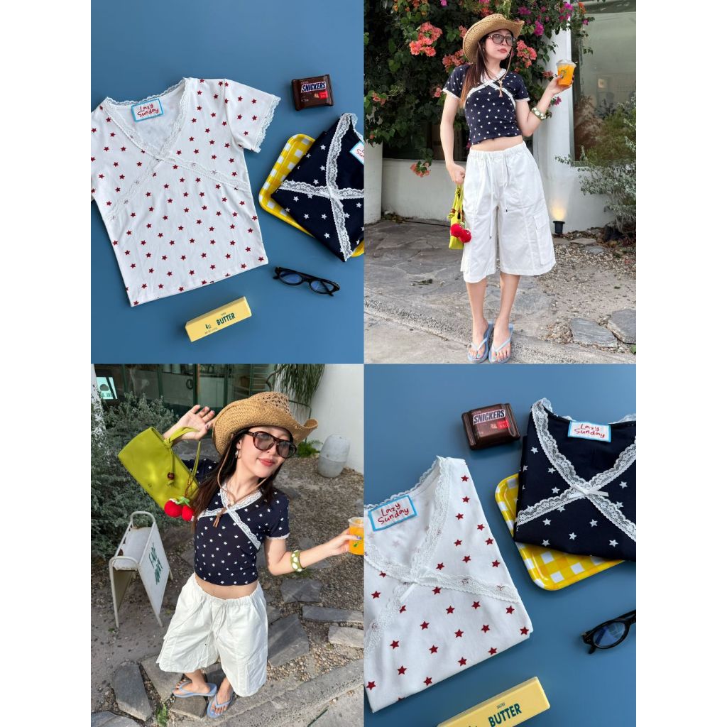 Little star top เสื้อครอปพิมพ์ลายดาวคอวี แต่งดีเทลลูกไม้ (พร้อมส่ง)