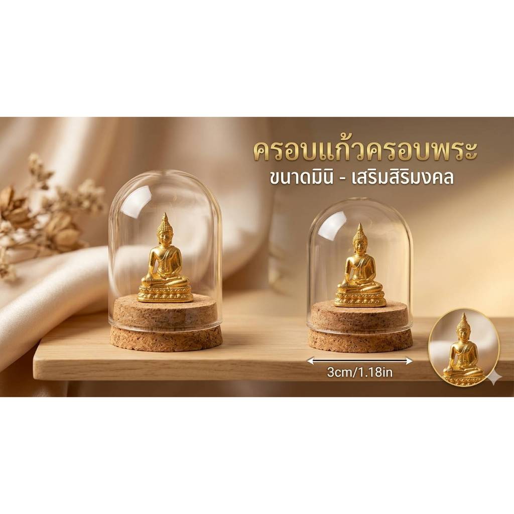 ครอบพระแก้วใส ครอบพระฐานไม้ ขนาดกว้าง 3 ซม. สูง 5 ซม. [ครอบแก้วใส-ฐานไม้]