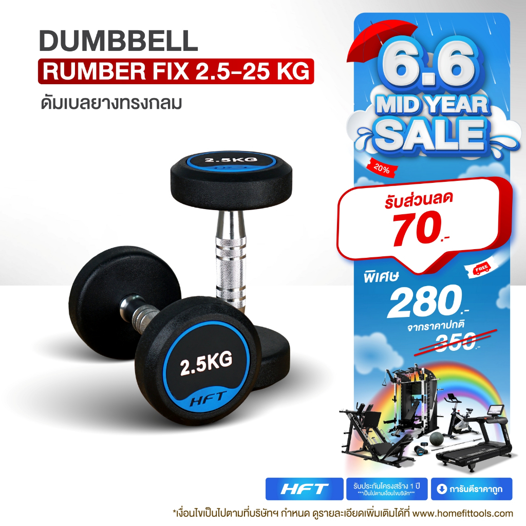 ดัมเบลยาง HFT 2.5-12.5KG (1อัน) ดัมเบลออกกำลังกาย กลม/เหลี่ยม เกรดฟิตเนส Fixed Dumbbell - Homefittools
