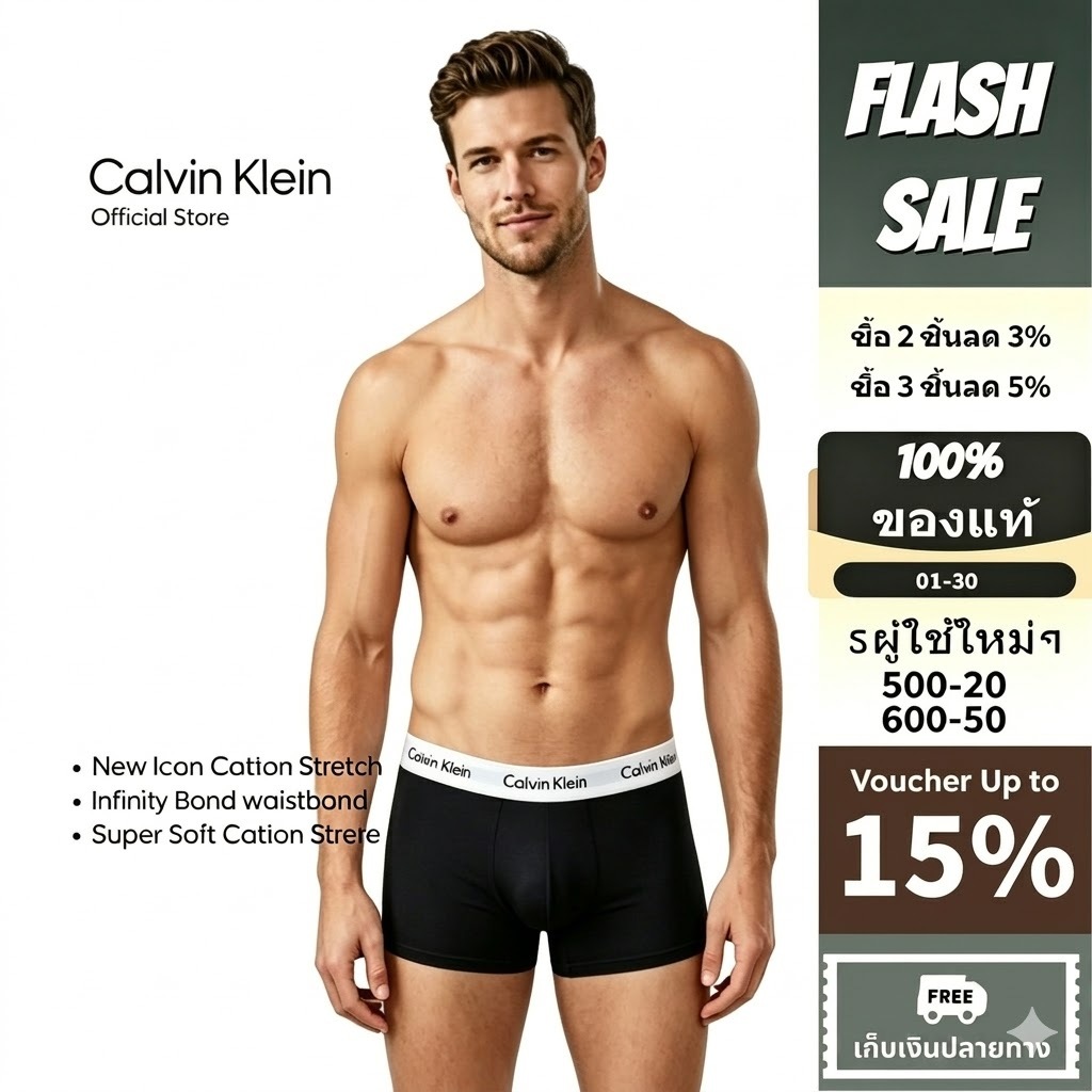 CK Underwear Men's กางเกงในผู้ชาย แพ็ค3ชิ้นCotton Stretch Trunks กางเกงในบ๊อกเซอร์ผ้าฝ้ายยืด การจัดซื้อนำเข้า ของแท้100%