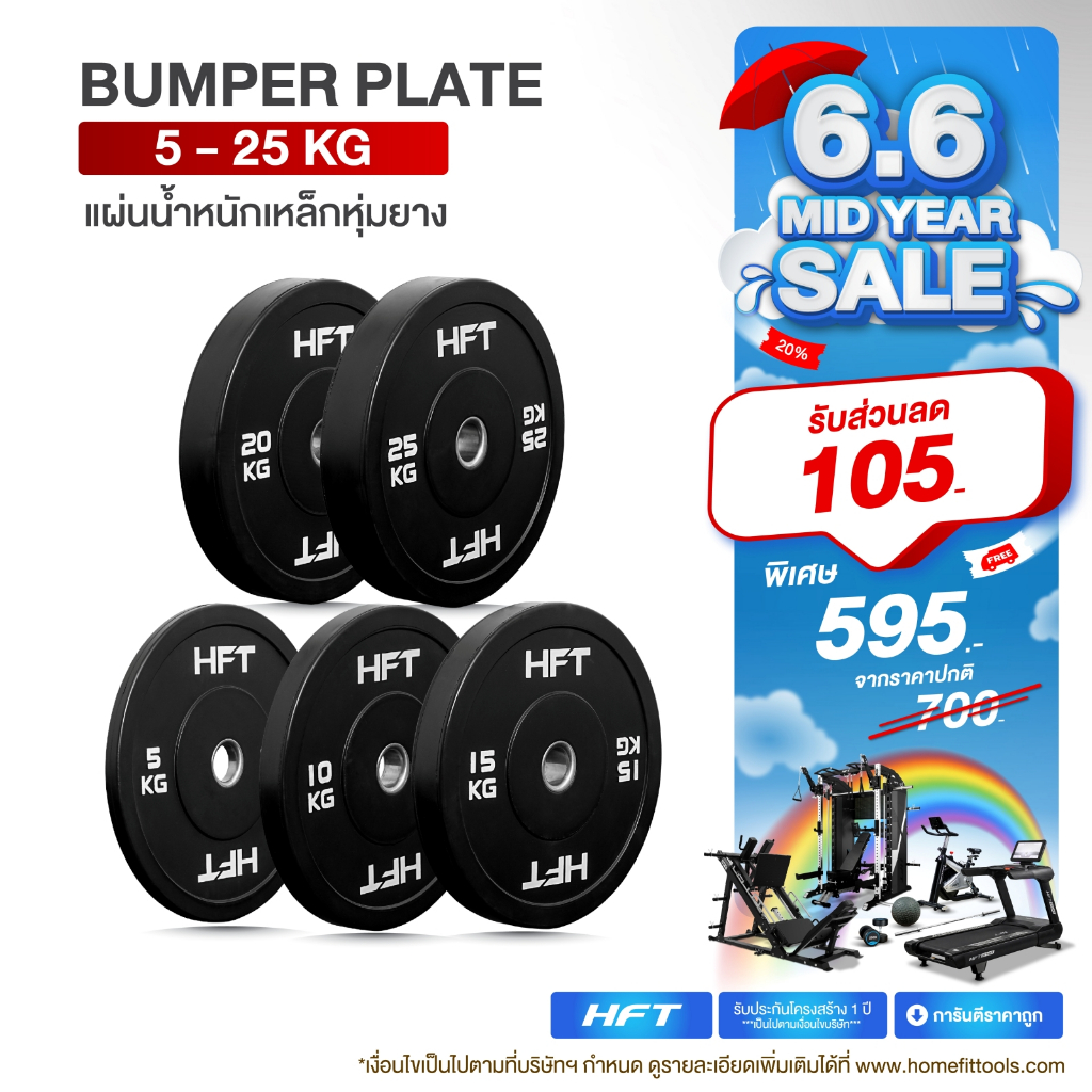 แผ่นน้ำหนัก Bumper Plate 5 - 25kg แผ่นน้ำหนักโอลิมปิค แผ่นน้ำหนักบาร์เบล - Homefittools