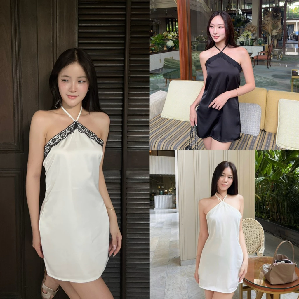 kathy dress by shewear.bkk เดรสซาตินผูกคอ ลูกไม้ 🪞