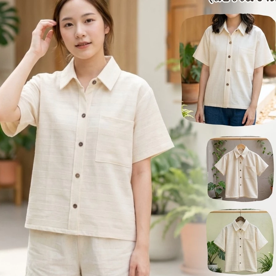 เสื้อเชิ้ตทรงลำลอง ผ้าฝ้ายด็อบบี้ทอลายสีธรรมชาติ(ผ้าดิบ)