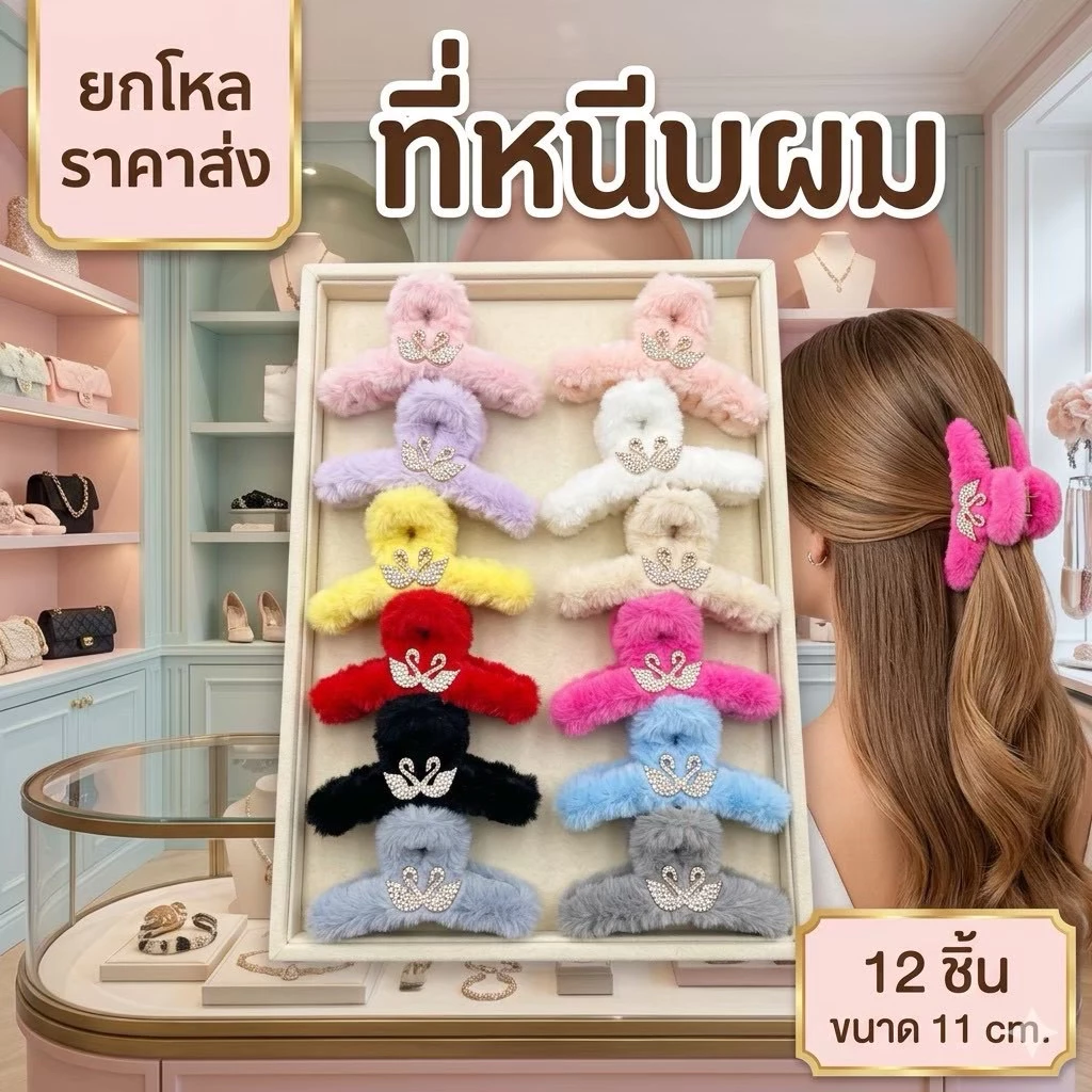 🌷ยกโหล🌷 หนีบผมขนปุย ขนาด 11 cm คละสี มีราคาส่ง C1654