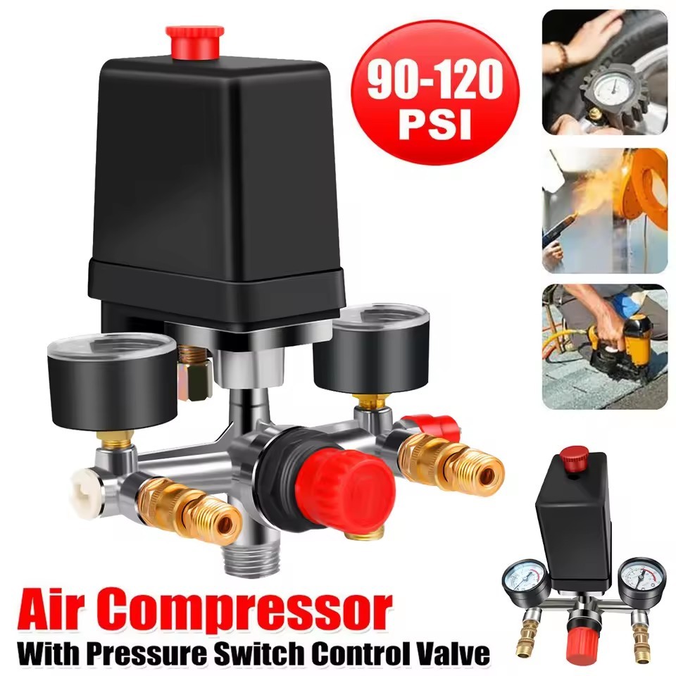 ชิ้นส่วนเครื่องอัดอากาศ สวิตช์แรงดัน 90-120PSI ตัวควบคุมท่อร่วม มาตรวัดแรงดัน 220-380V ตัวควบคุม