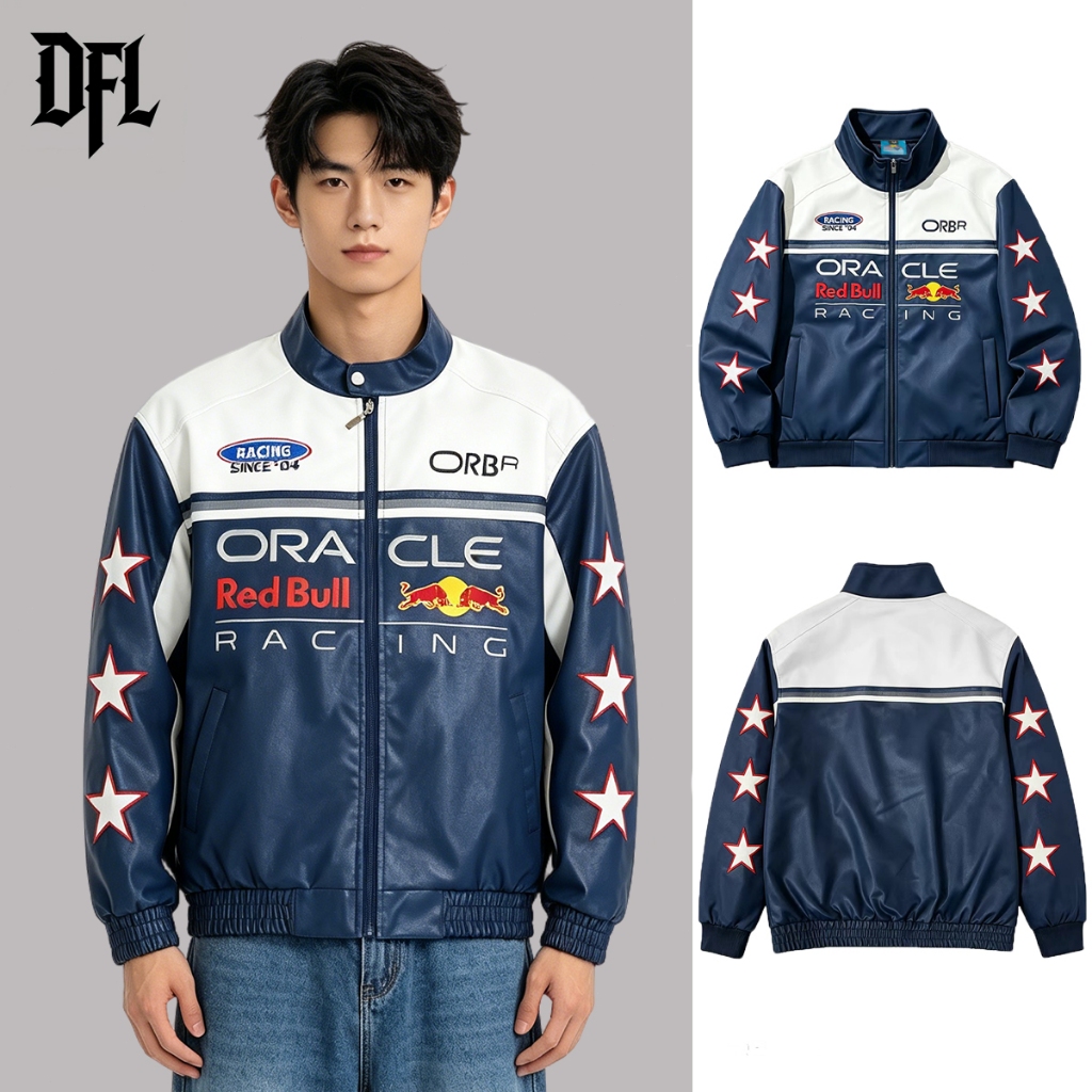 [พร้อมส่งไทย]F1 RedBull แจ็คเก็ตหนังPUวินเทจ ผู้ชาย ปักลายแฟชั่น เสื้อแข่งรถกีฬาแขนยาว กันลม มีซับใน