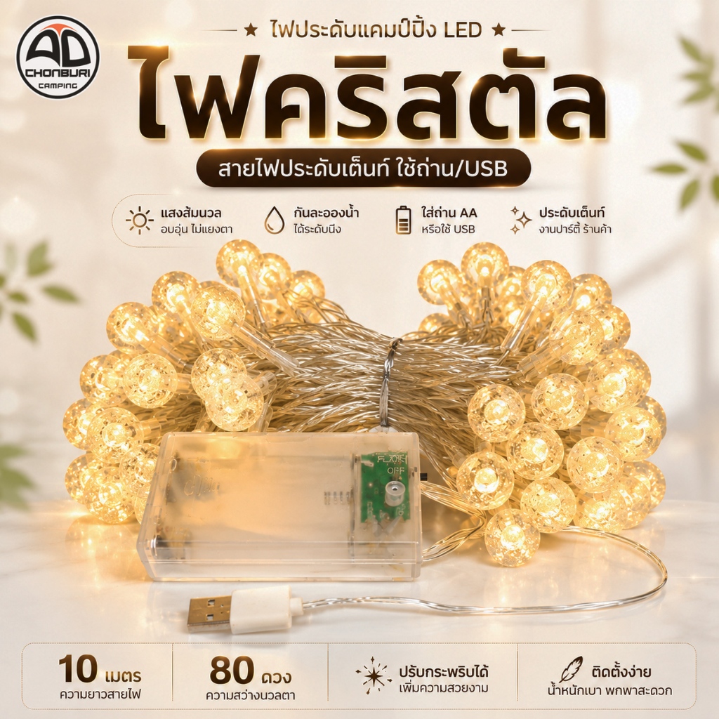 ไฟคริสตัล ไฟประดับแคมป์ปิ้ง LED สายไฟประดับเต็นท์ ใช้ถ่าน/USB แต่งเต็นท์ แสงส้มนวล กันน้ำ