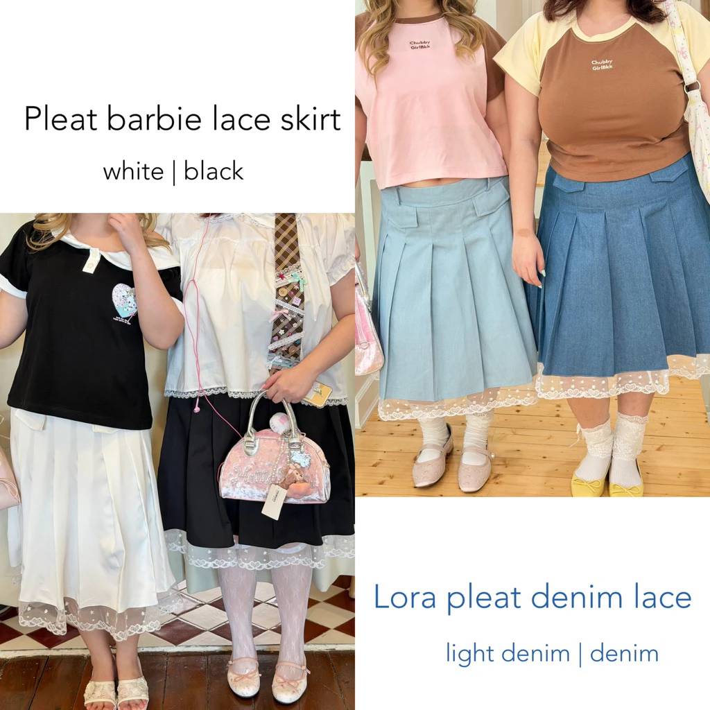 Chubbygirlbkk-Pleat denim&barbie lace skirt₊˚ෆ⊹.ᐟ🌀🩶”กระโปรง จีบพลีทยาว แต่งชายลูกไม้ สาวอวบ