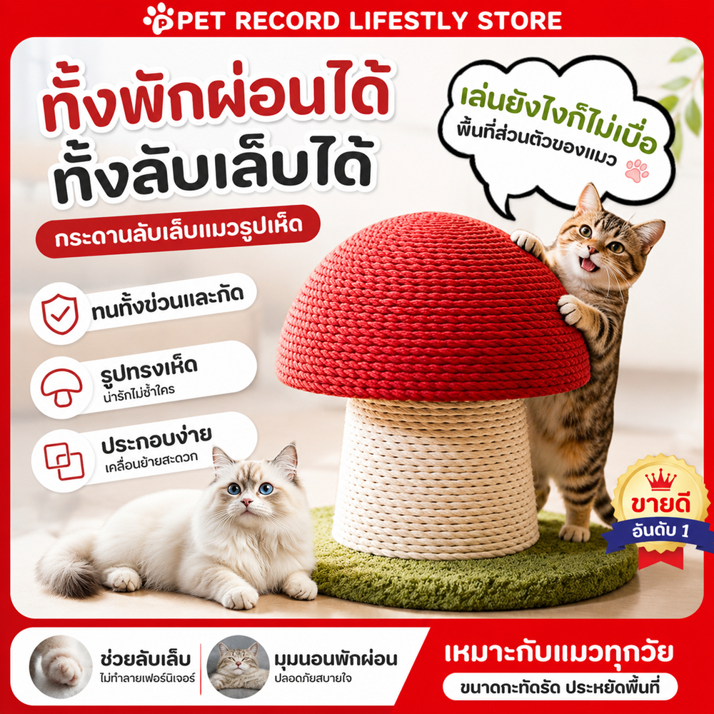 【PET Record】เสาลับเล็บแมว รูปร่างเห็ด ที่ลับเล็บแมว คอนโดแมว ของเล่นแมว ทนทาน ไม่หล่นเศษ
